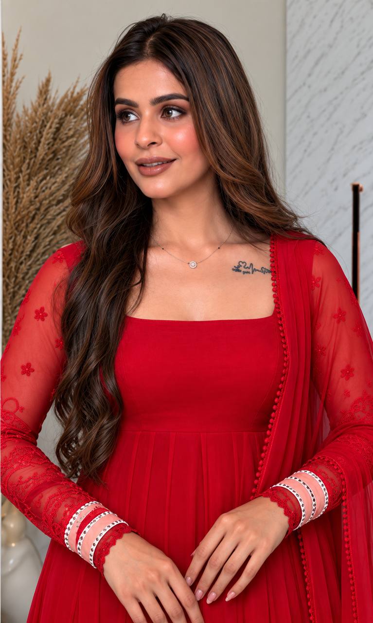Red Georgette Anarkali Suit with Embroidered Sleeves & Dupatta