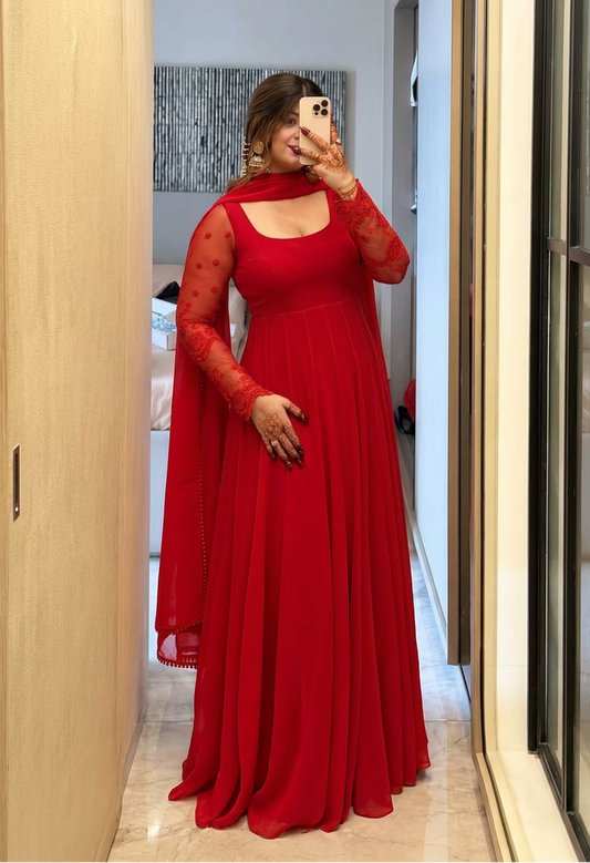 Red Georgette Anarkali Suit with Embroidered Sleeves & Dupatta