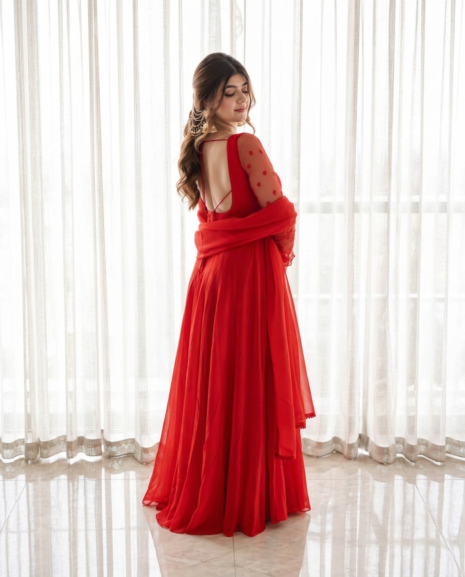Red Georgette Anarkali Suit with Embroidered Sleeves & Dupatta