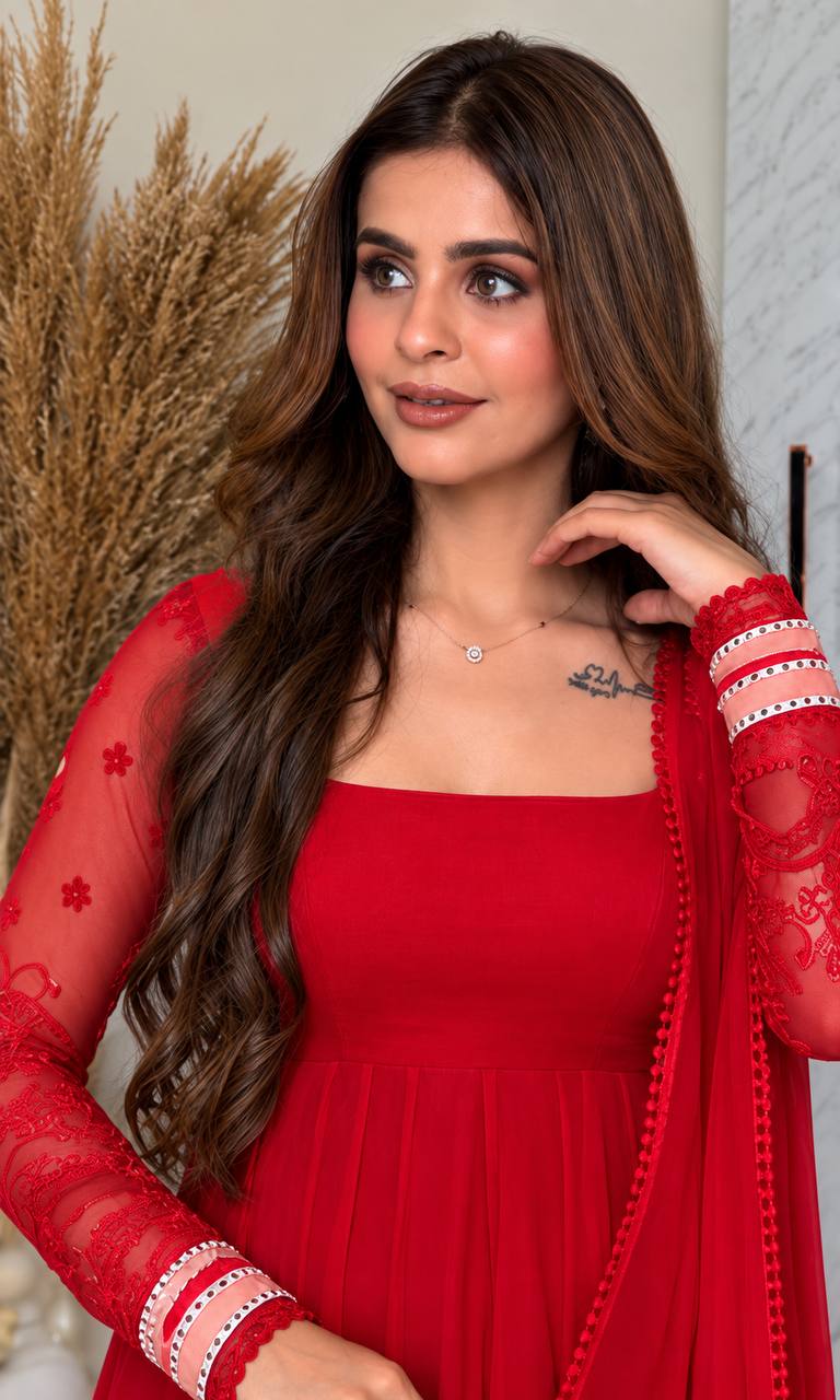 Red Georgette Anarkali Suit with Embroidered Sleeves & Dupatta