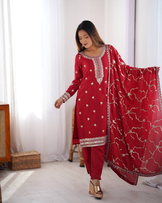 red chinnon embroidered kurta set
