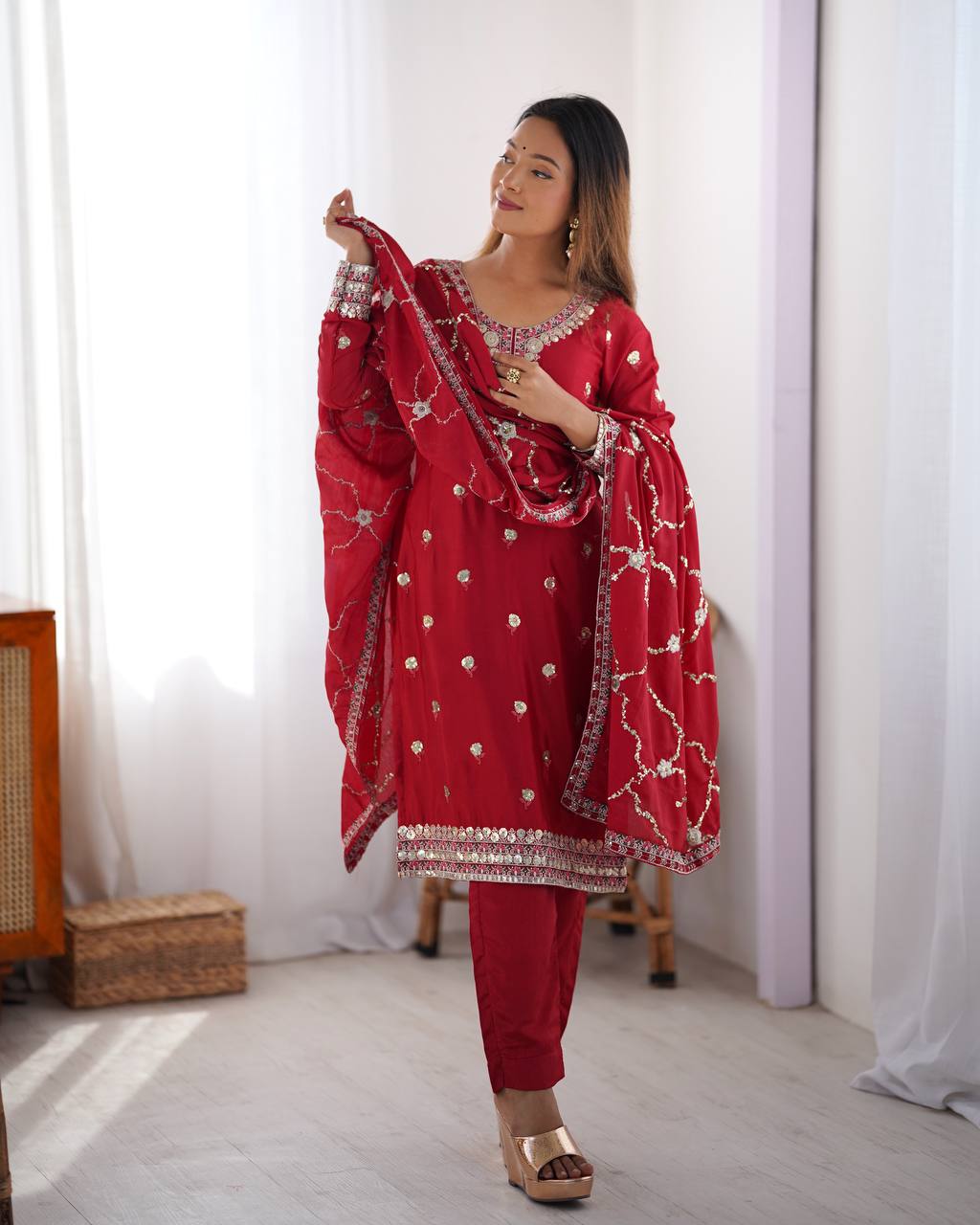 red chinnon embroidered kurta set