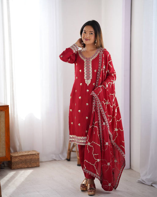 red chinnon embroidered kurta set
