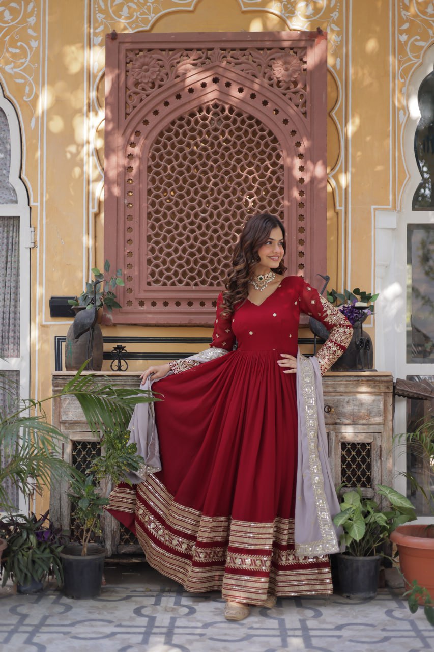 red embroidered gown 