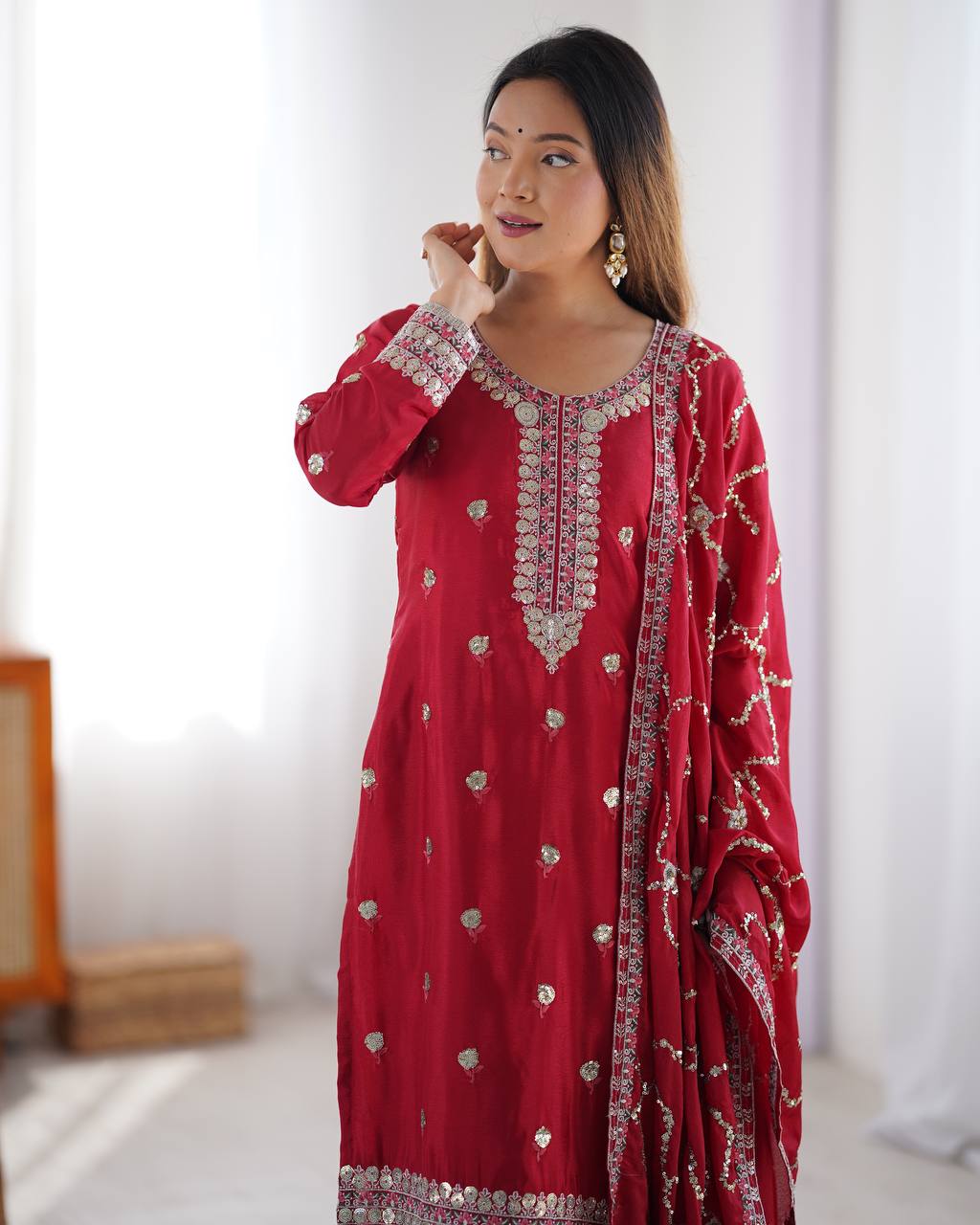 red embroidered kurta set