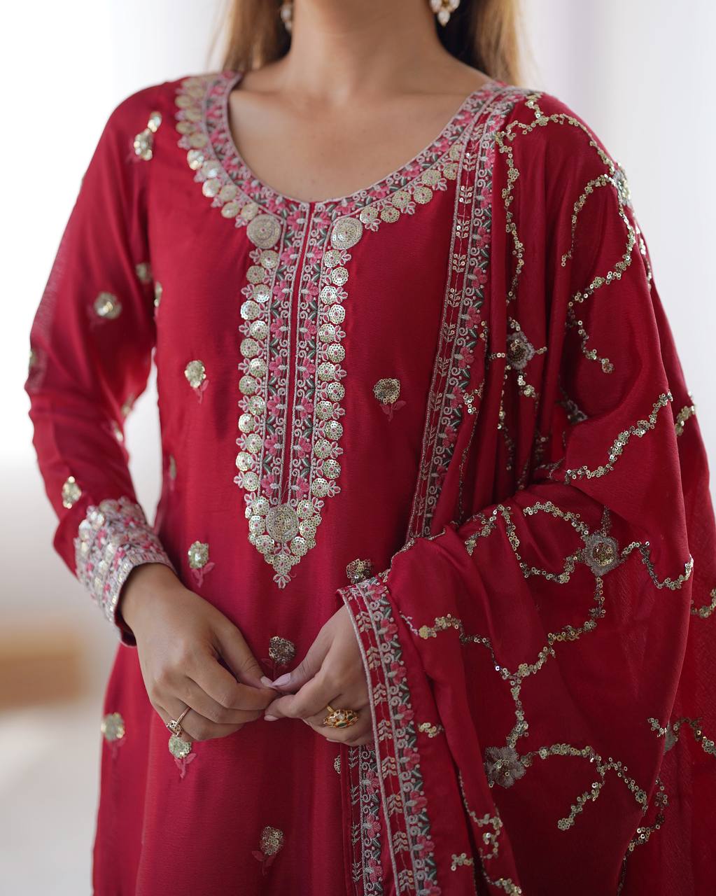 red embroidered kurta set