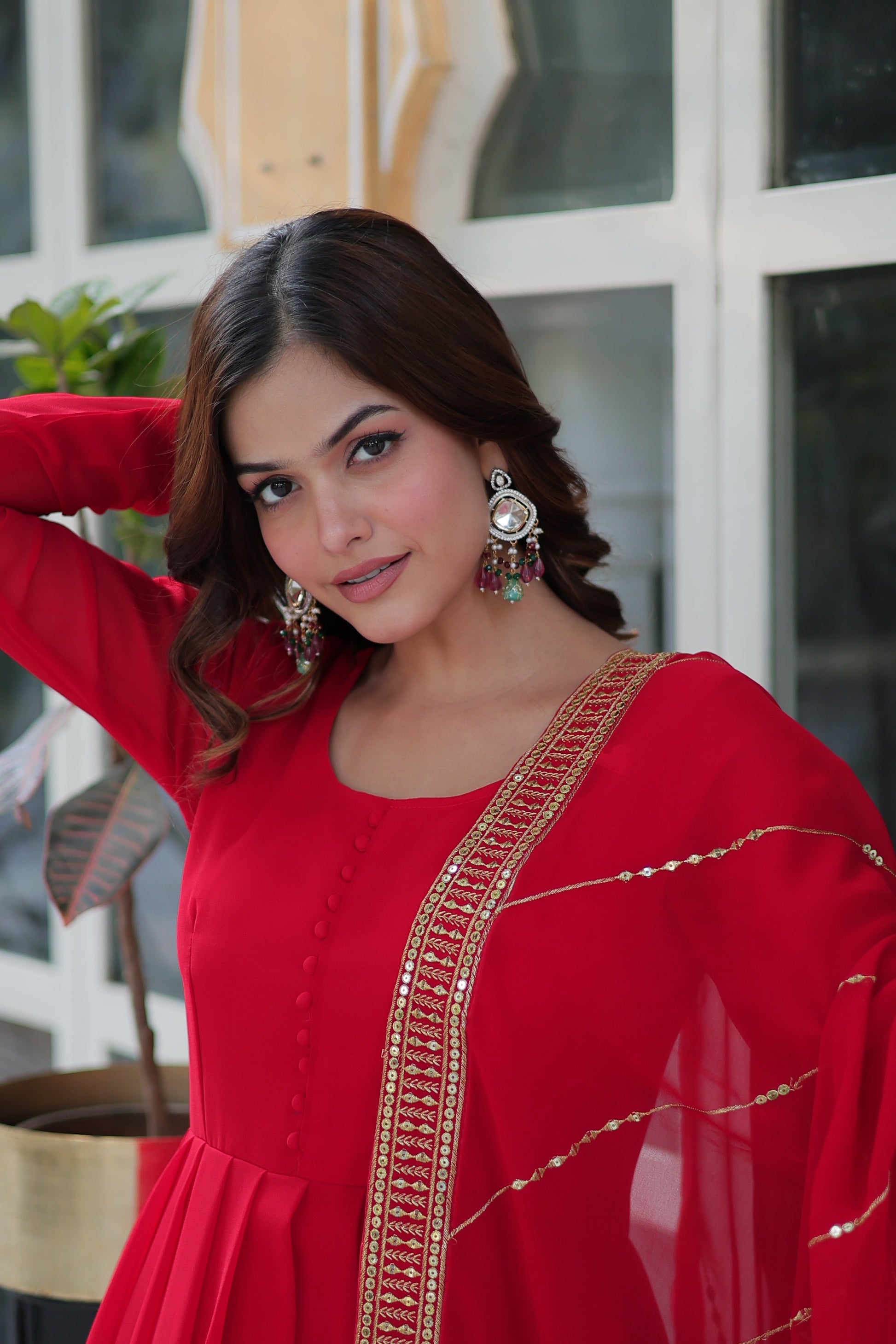 red georgette embroidered gown 