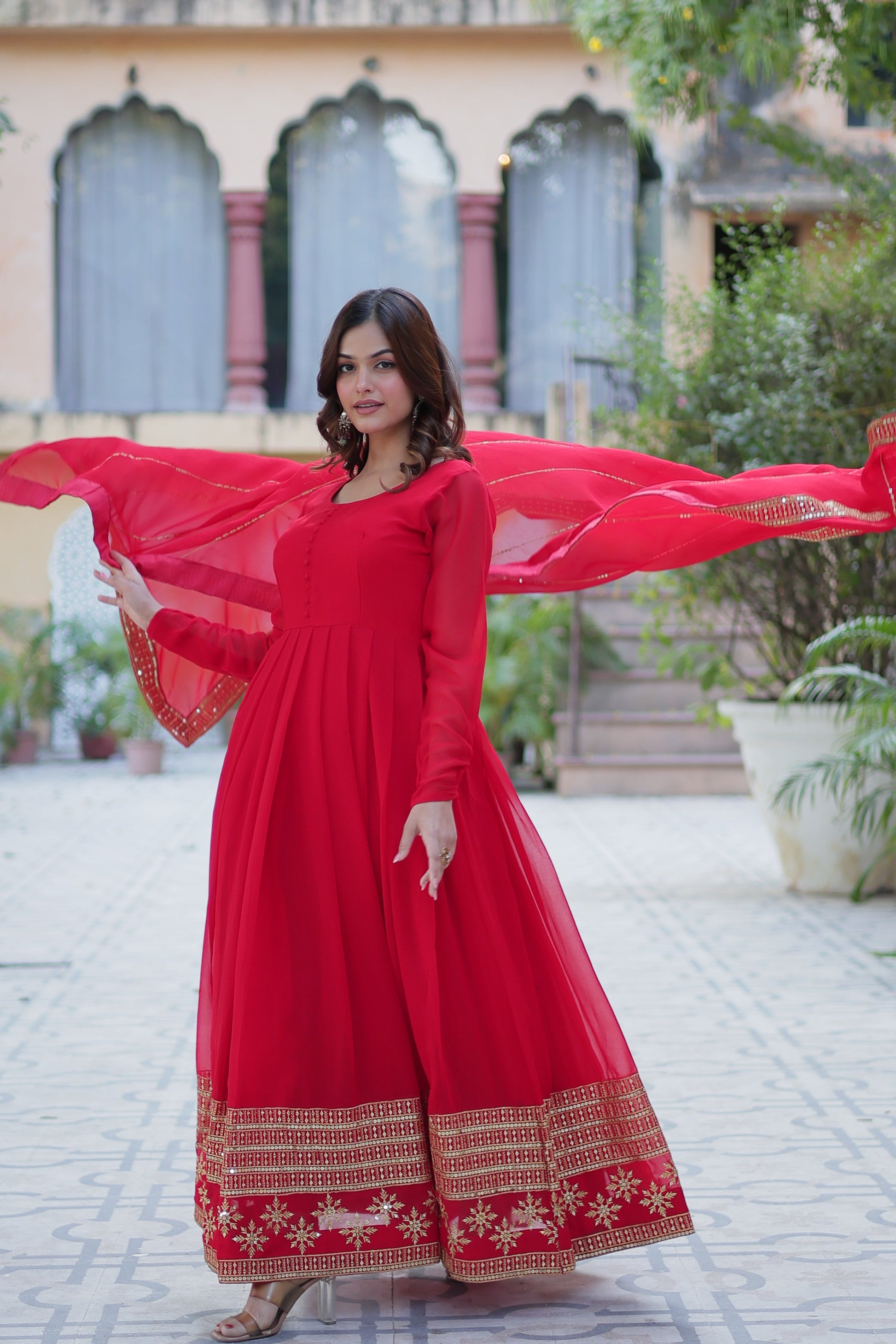 red georgette embroidered gown 