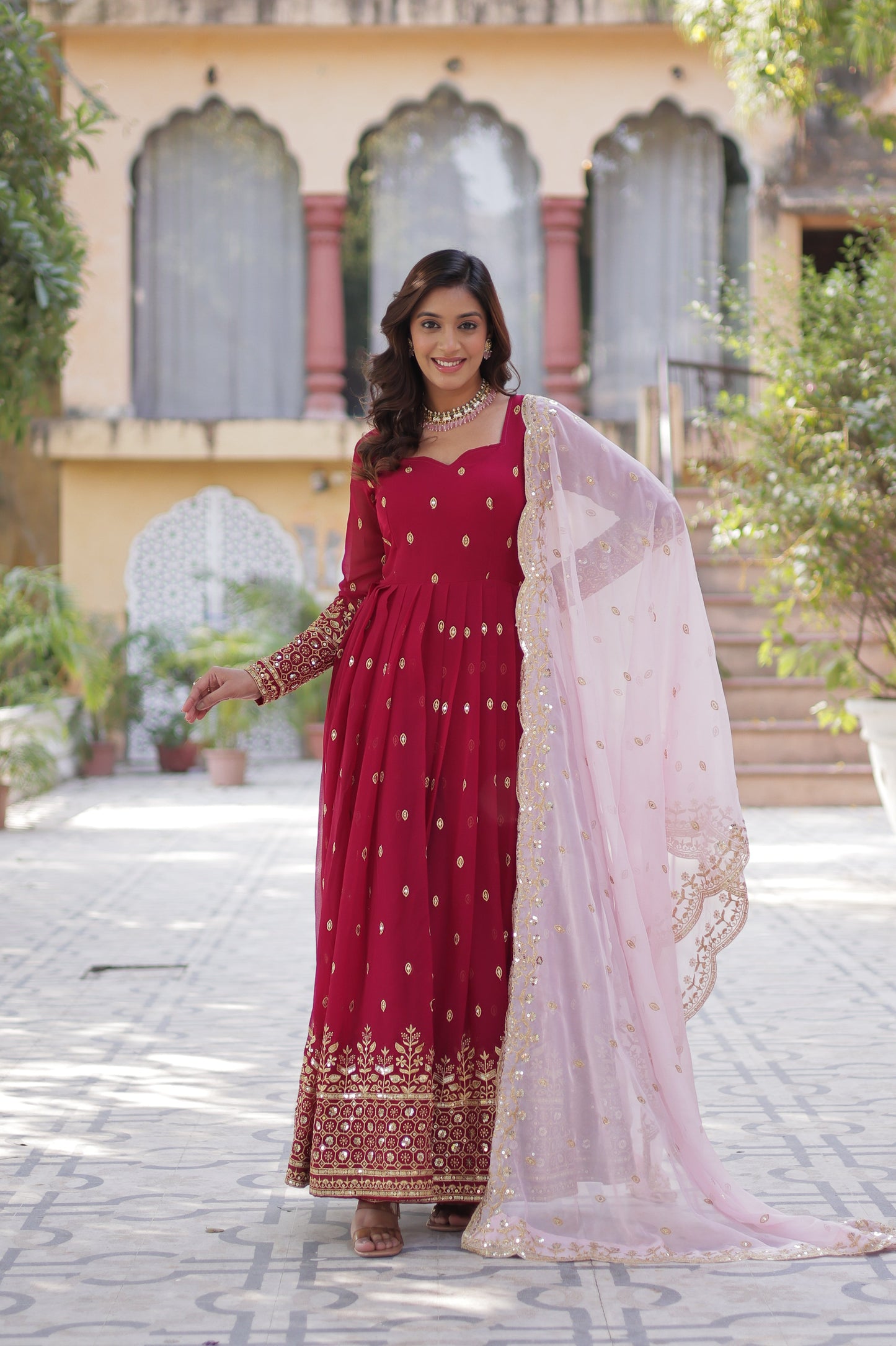 red georgette embroidered gown with dupatta 
