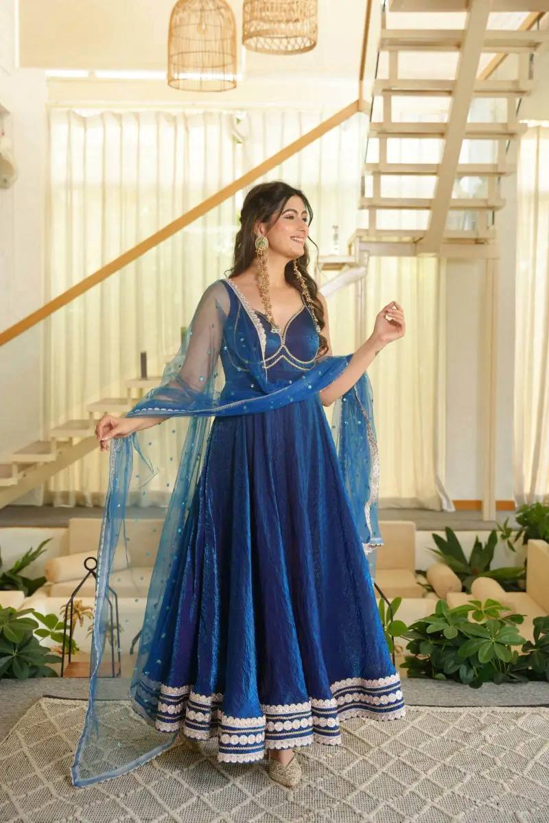 Royal Blue Embroidered Anarkali Suit with Net Dupatta For Women