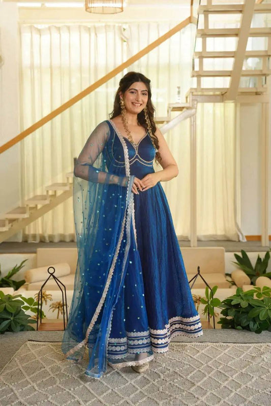 Royal Blue Embroidered Anarkali Suit with Net Dupatta For Women