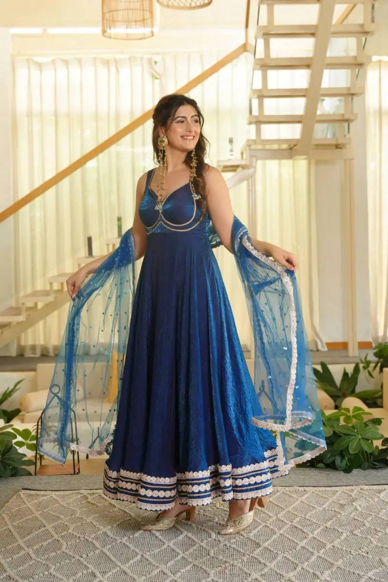 Royal Blue Embroidered Anarkali Suit with Net Dupatta For Women