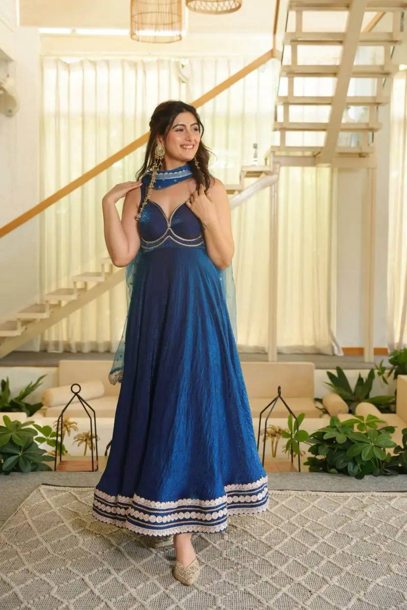 Royal Blue Embroidered Anarkali Suit with Net Dupatta For Women