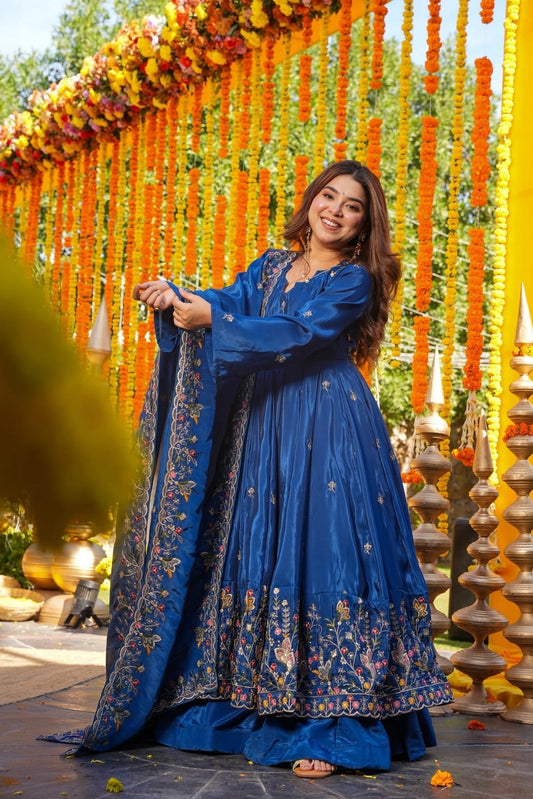 Royal Blue Embroidered Silk Anarkali Suit for Wedding & Festive Occasions