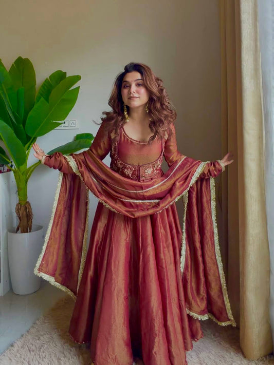 Rust Gold Anarkali Suit with Dupatta for Women
