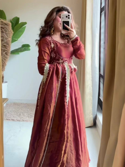 Rust Gold Anarkali Suit with Dupatta for Women
