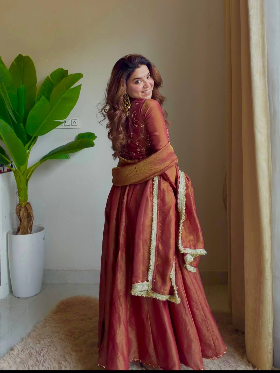 Rust Gold Anarkali Suit with Dupatta for Women