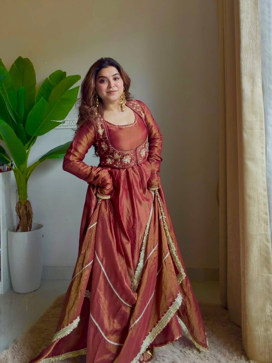 Rust Gold Anarkali Suit with Dupatta for Women