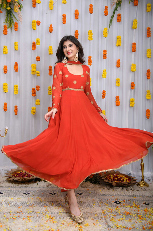 Rust Orange Georgette Anarkali Suit Set with Gold Embroidery & Dupatta for Wedding