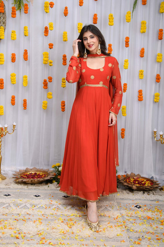 Rust Orange Georgette Anarkali Suit Set with Gold Embroidery & Dupatta for Wedding