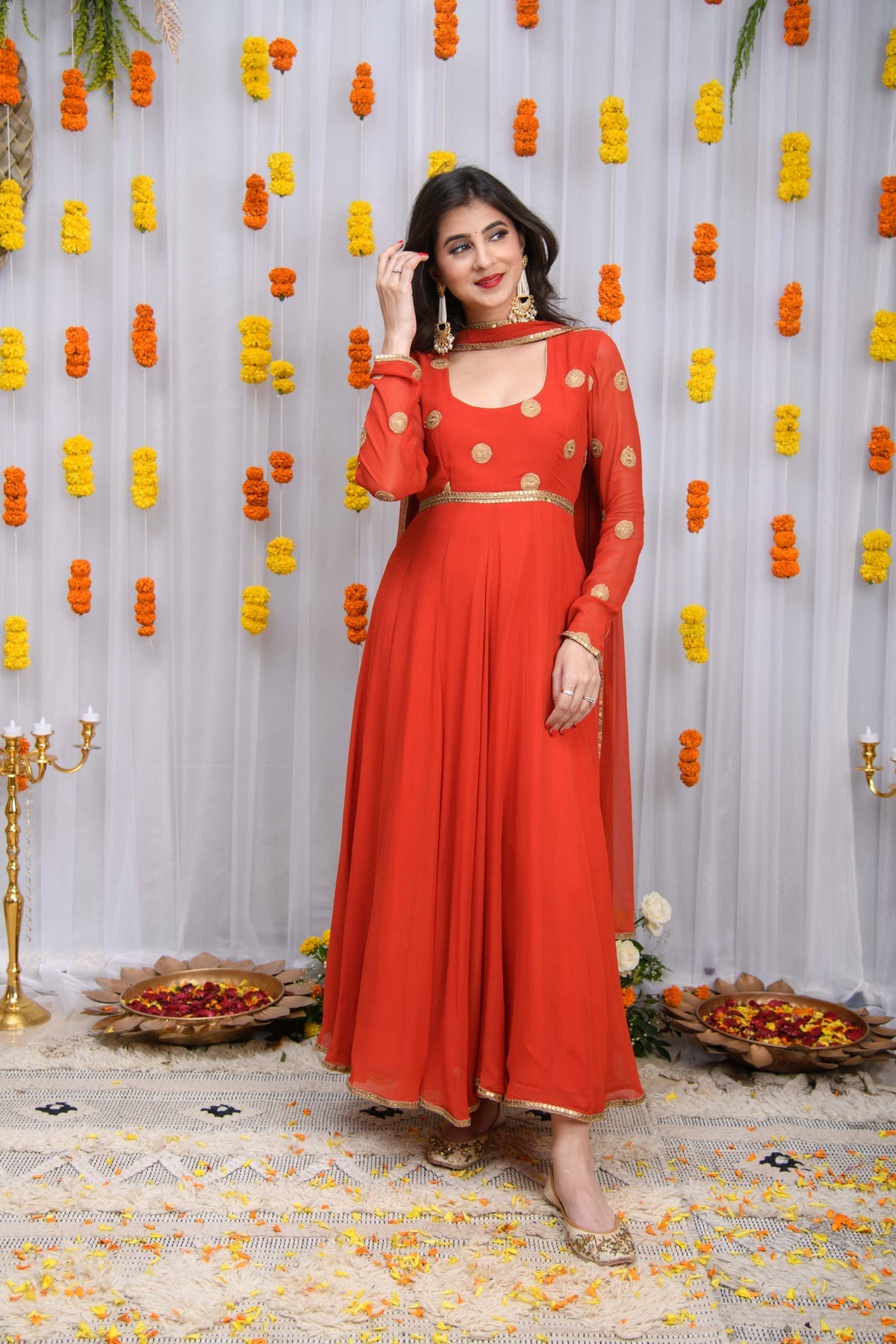 Rust Orange Georgette Anarkali Suit Set with Gold Embroidery & Dupatta for Wedding
