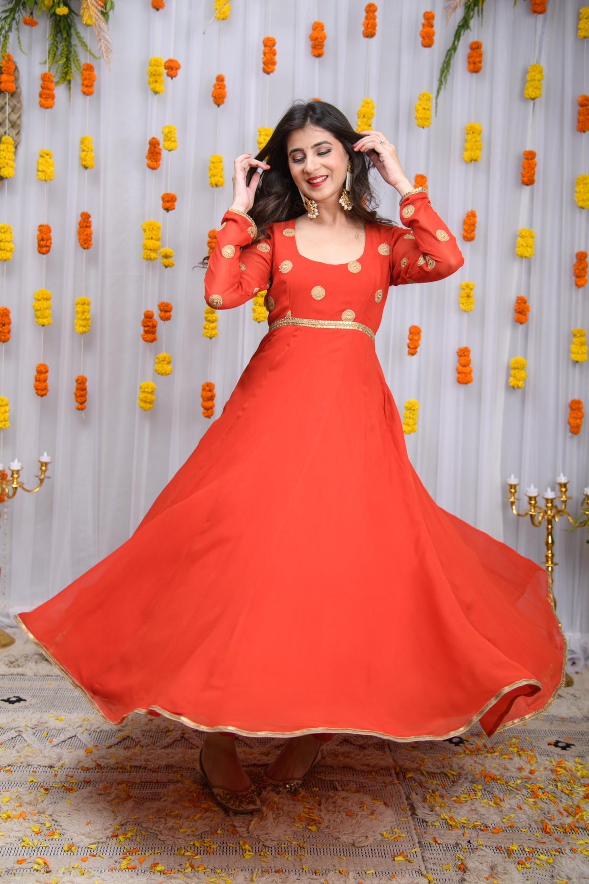 Rust Orange Georgette Anarkali Suit Set with Gold Embroidery & Dupatta for Wedding