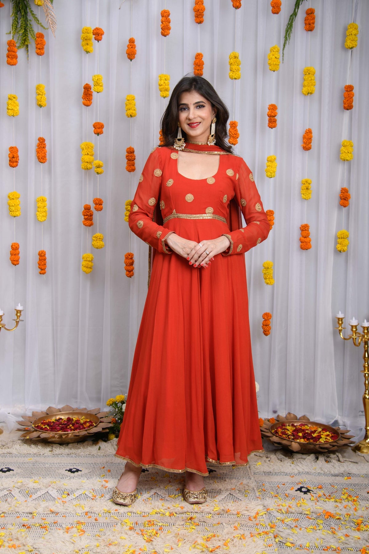 Rust Orange Georgette Anarkali Suit Set with Gold Embroidery & Dupatta for Wedding