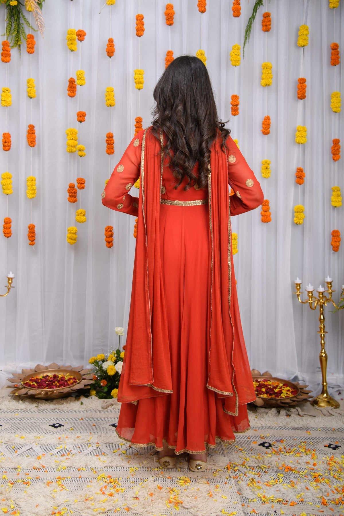 Rust Orange Georgette Anarkali Suit Set with Gold Embroidery & Dupatta for Wedding