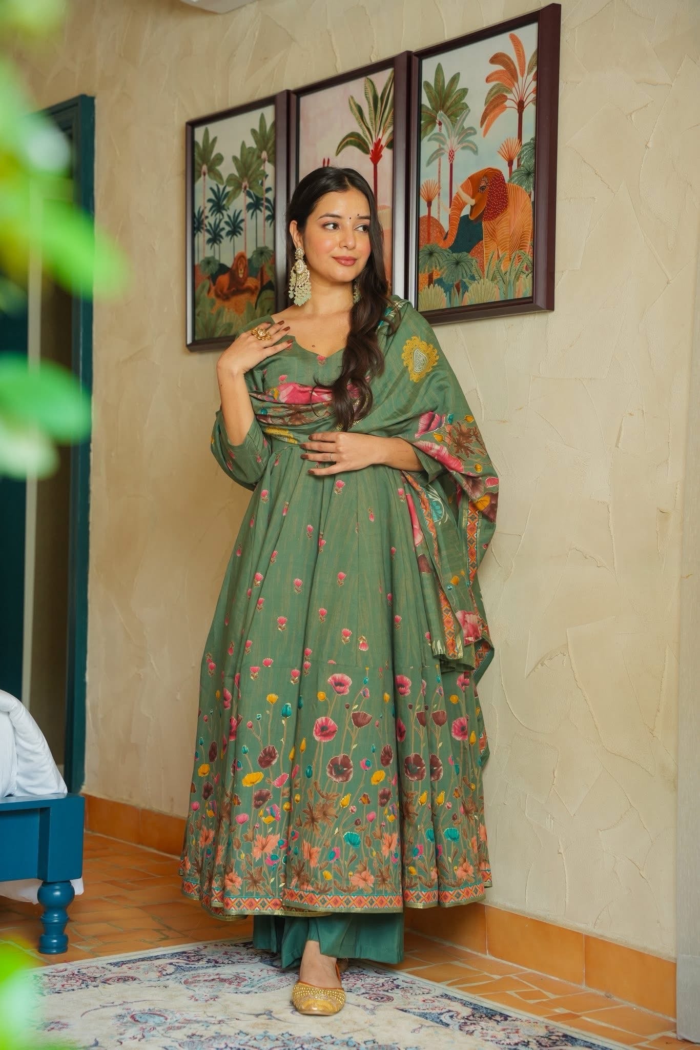Sage Green Floral Print Anarkali Suit with Dupatta for Women