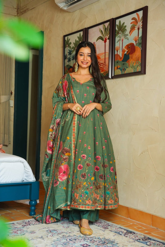 Sage Green Floral Print Anarkali Suit with Dupatta for Women