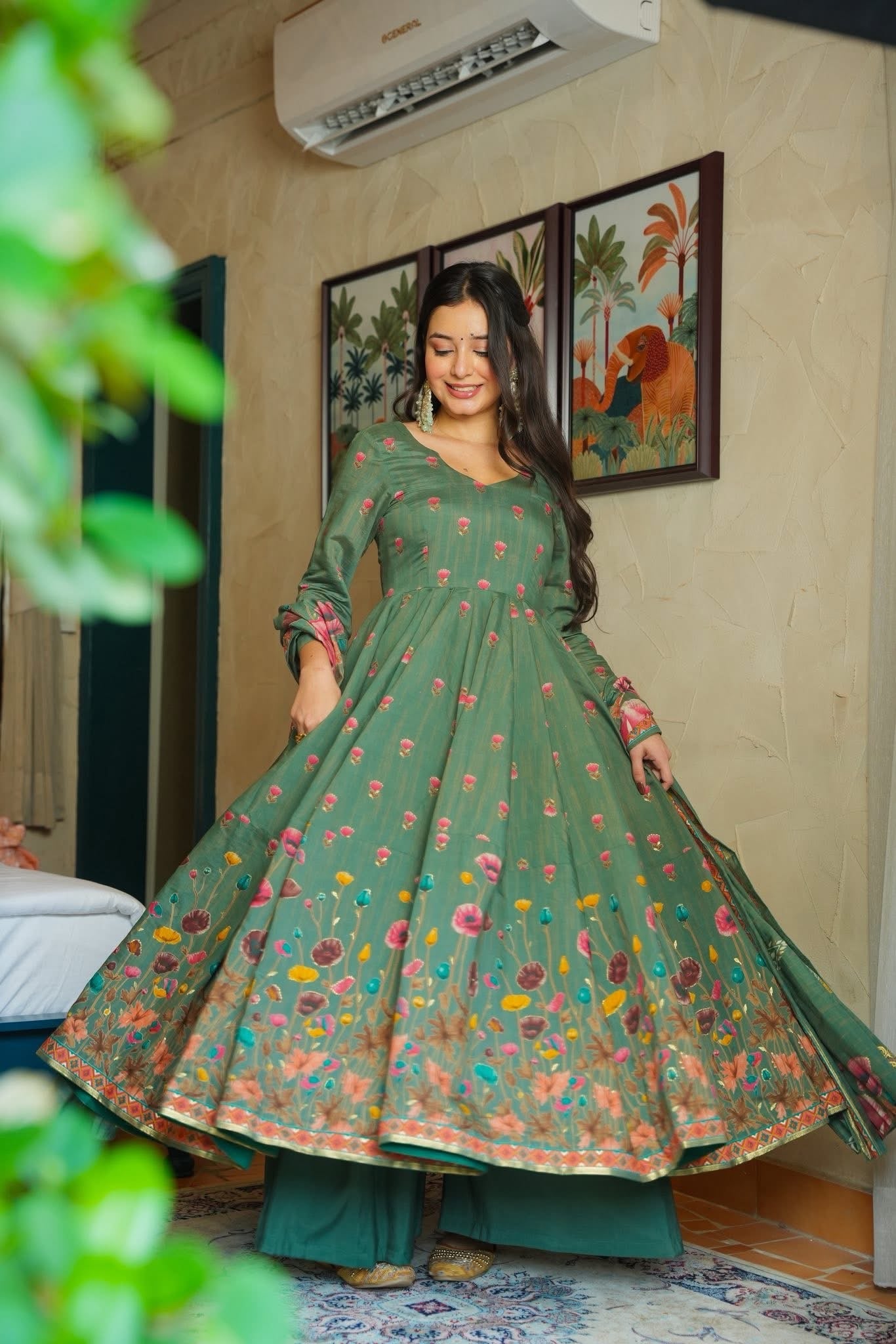 Sage Green Floral Print Anarkali Suit with Dupatta for Women