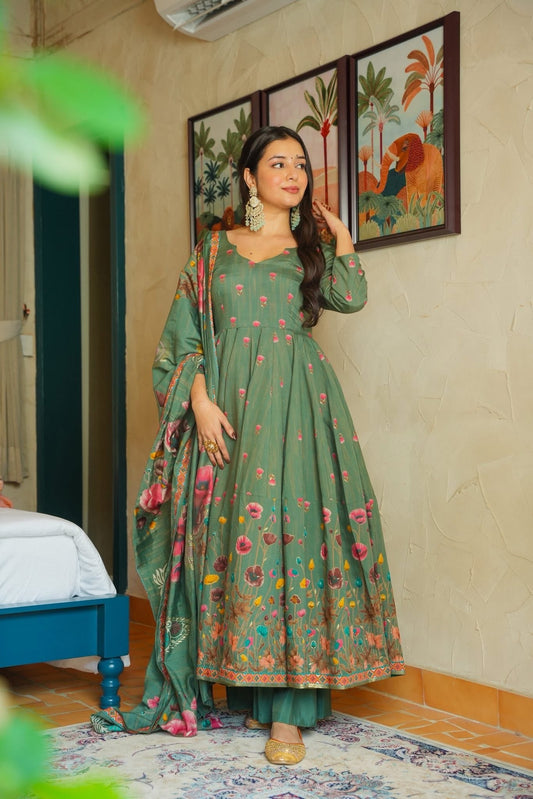 Sage Green Floral Print Anarkali Suit with Dupatta for Women