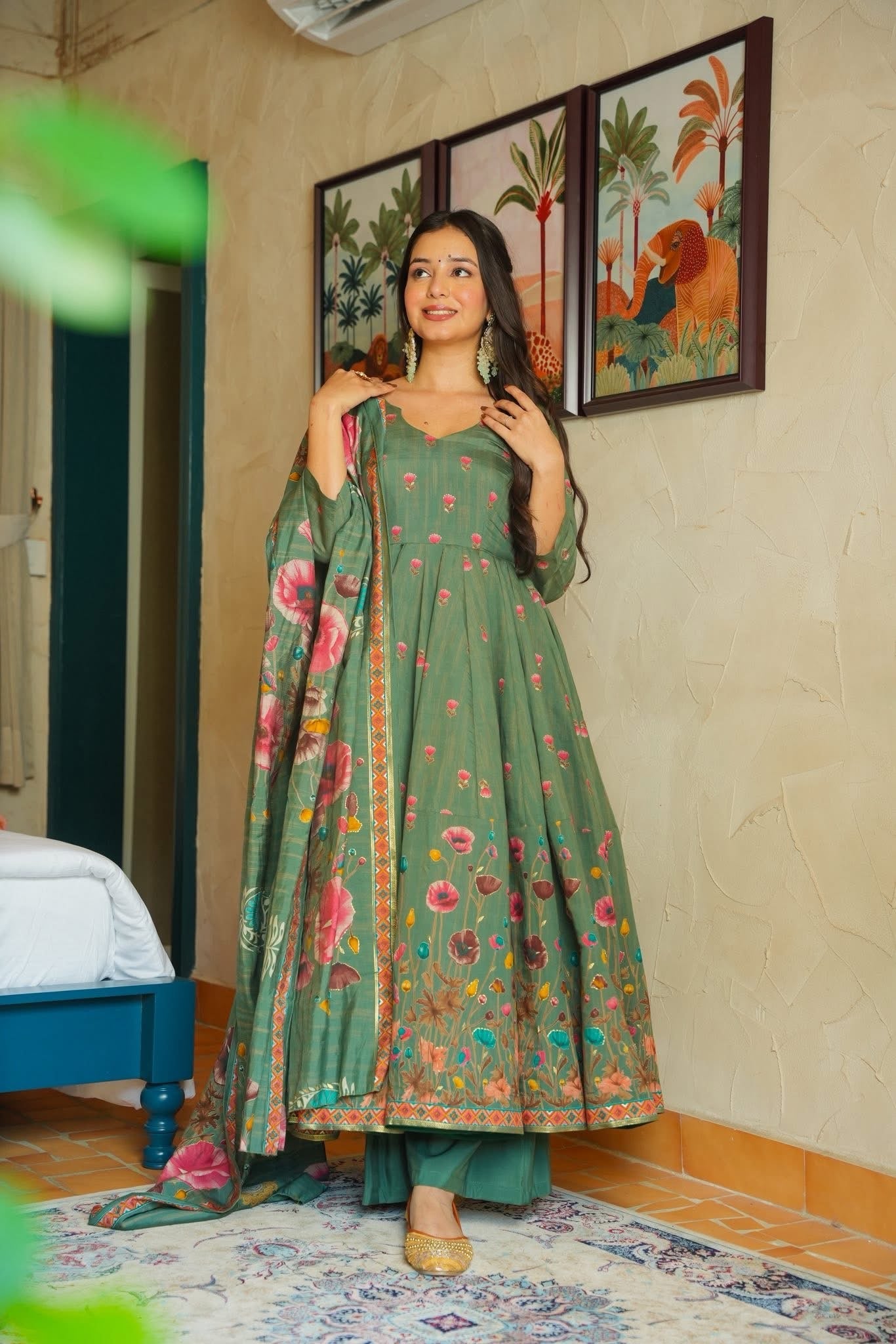 Sage Green Floral Print Anarkali Suit with Dupatta for Women