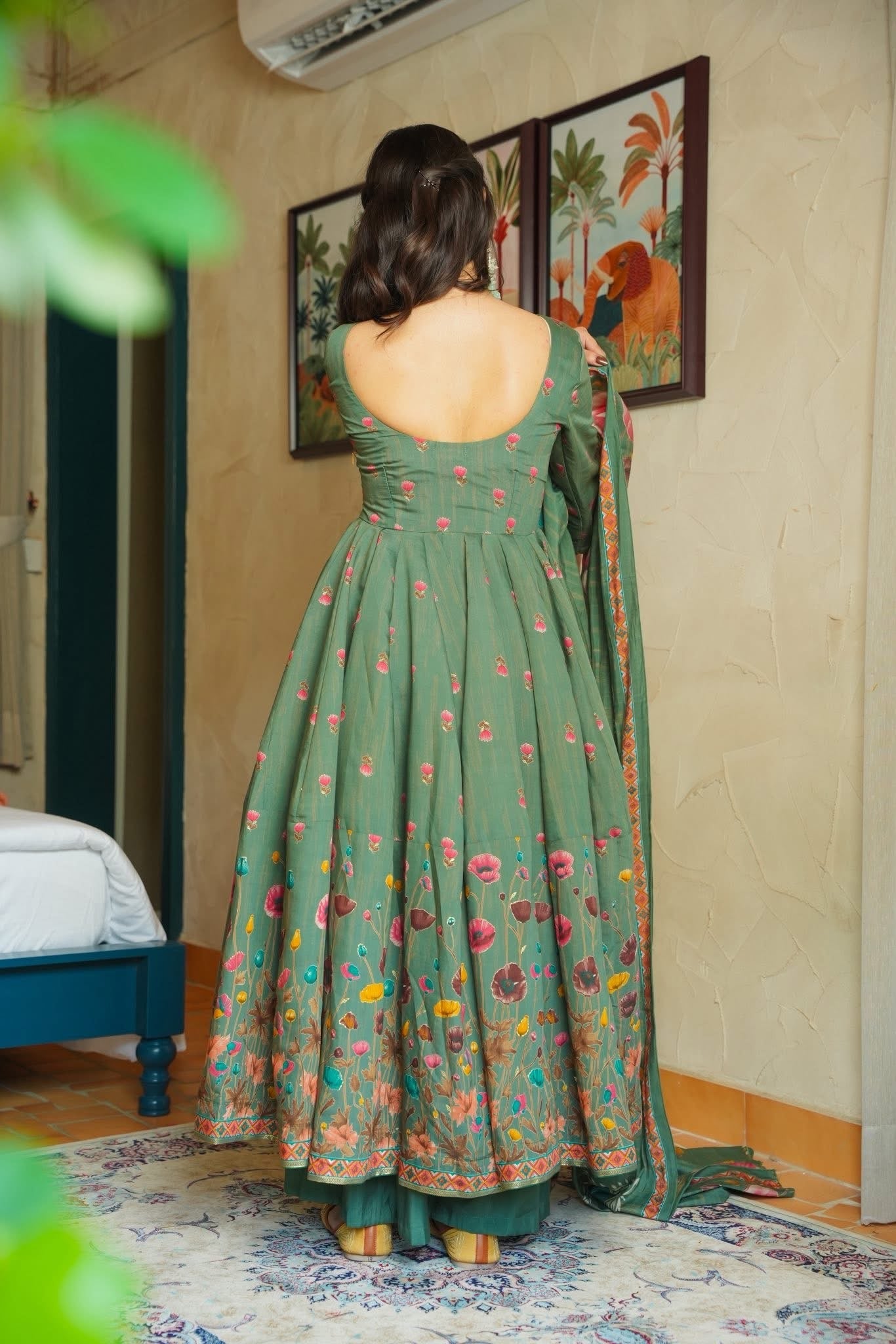 Sage Green Floral Print Anarkali Suit with Dupatta for Women