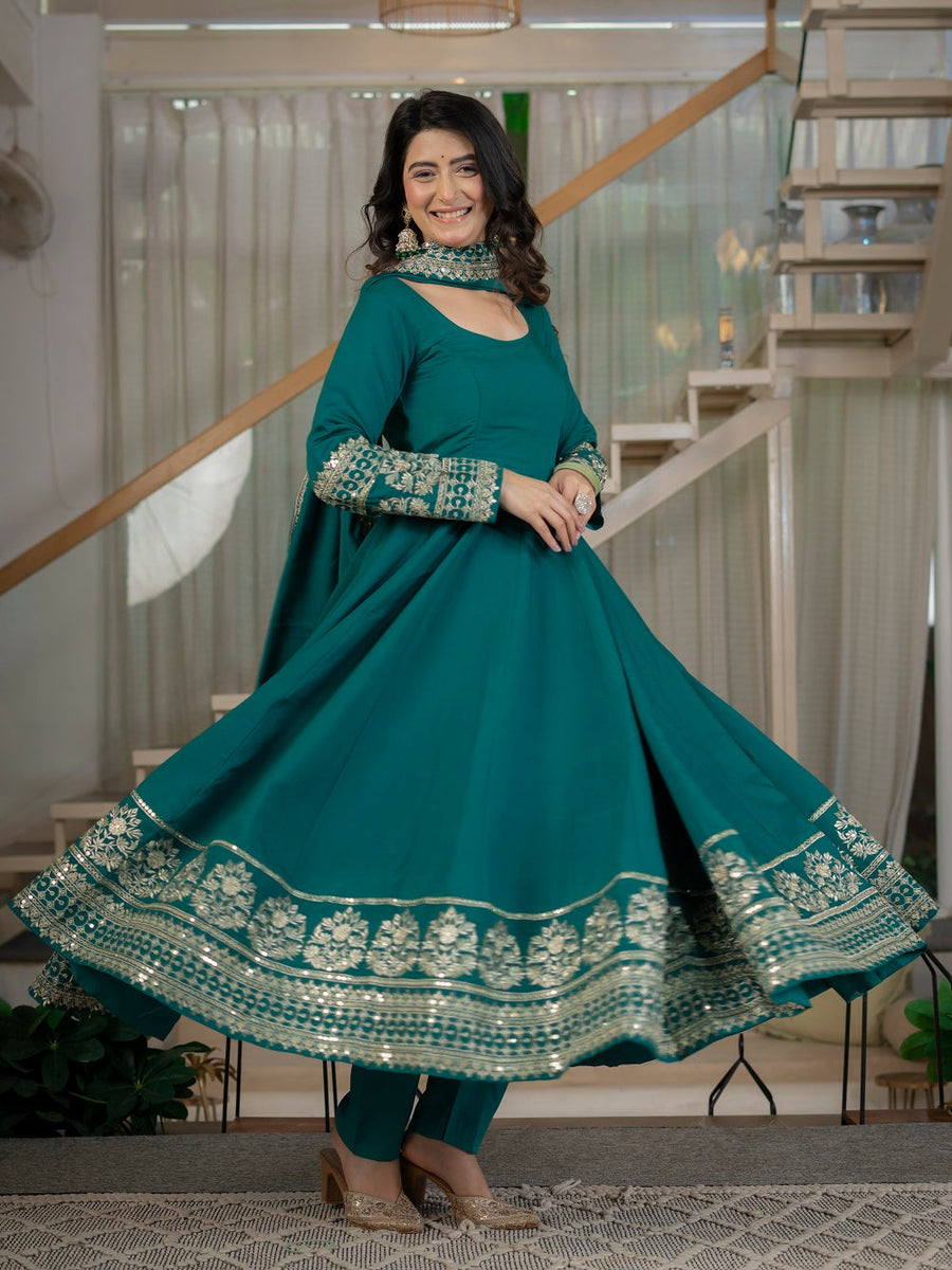 Teal Green Embroidered Flair Anarkali Suit Set for Engagement