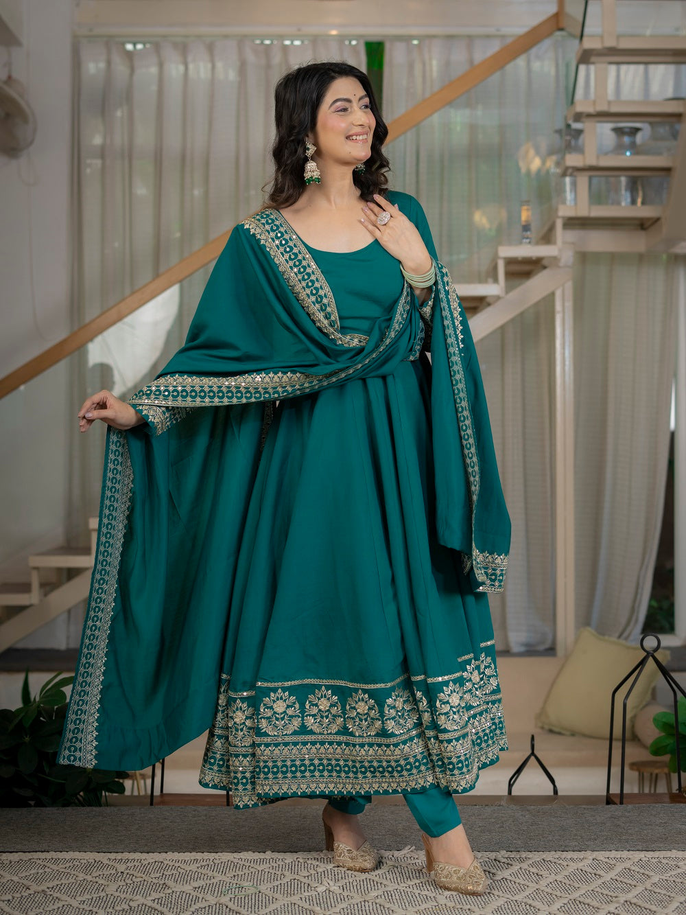 Teal Green Embroidered Flair Anarkali Suit Set for Engagement