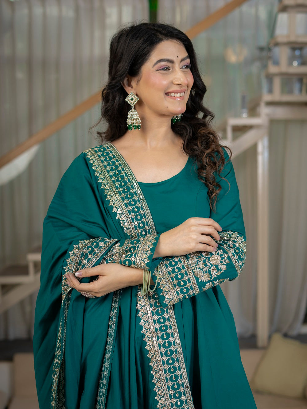 Teal Green Embroidered Flair Anarkali Suit Set for Engagement