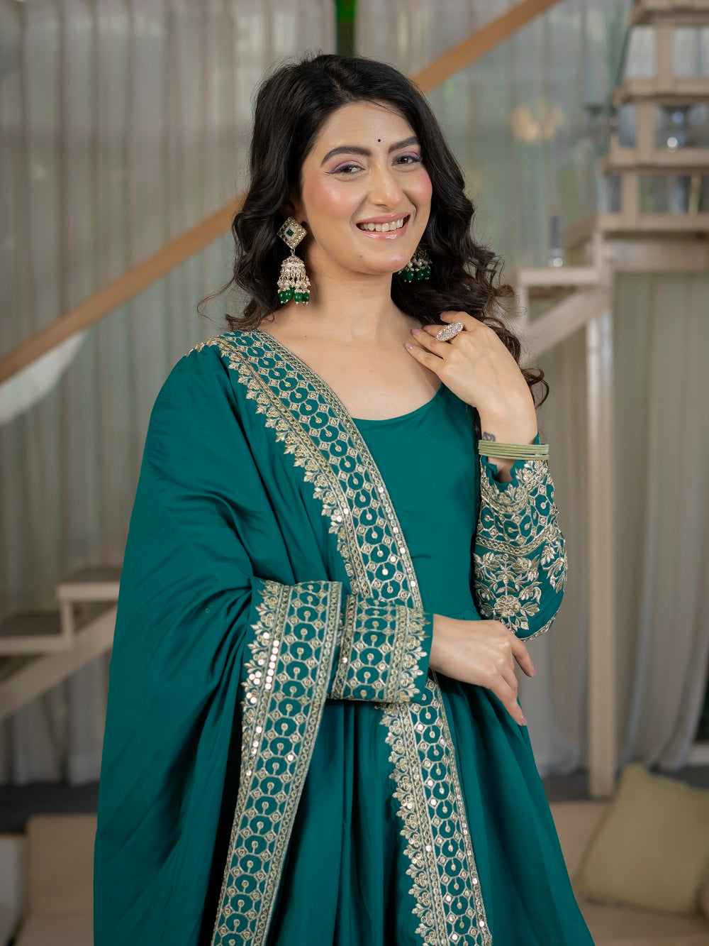 Teal Green Embroidered Flair Anarkali Suit Set for Engagement