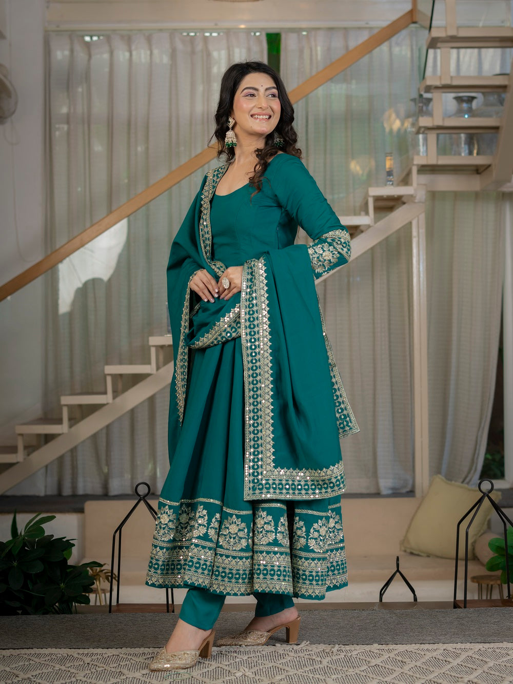 Teal Green Embroidered Flair Anarkali Suit Set for Engagement