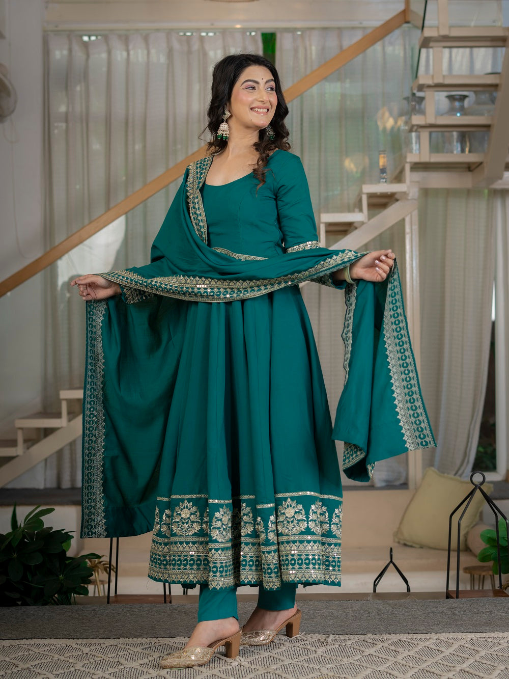 Teal Green Embroidered Flair Anarkali Suit Set for Engagement