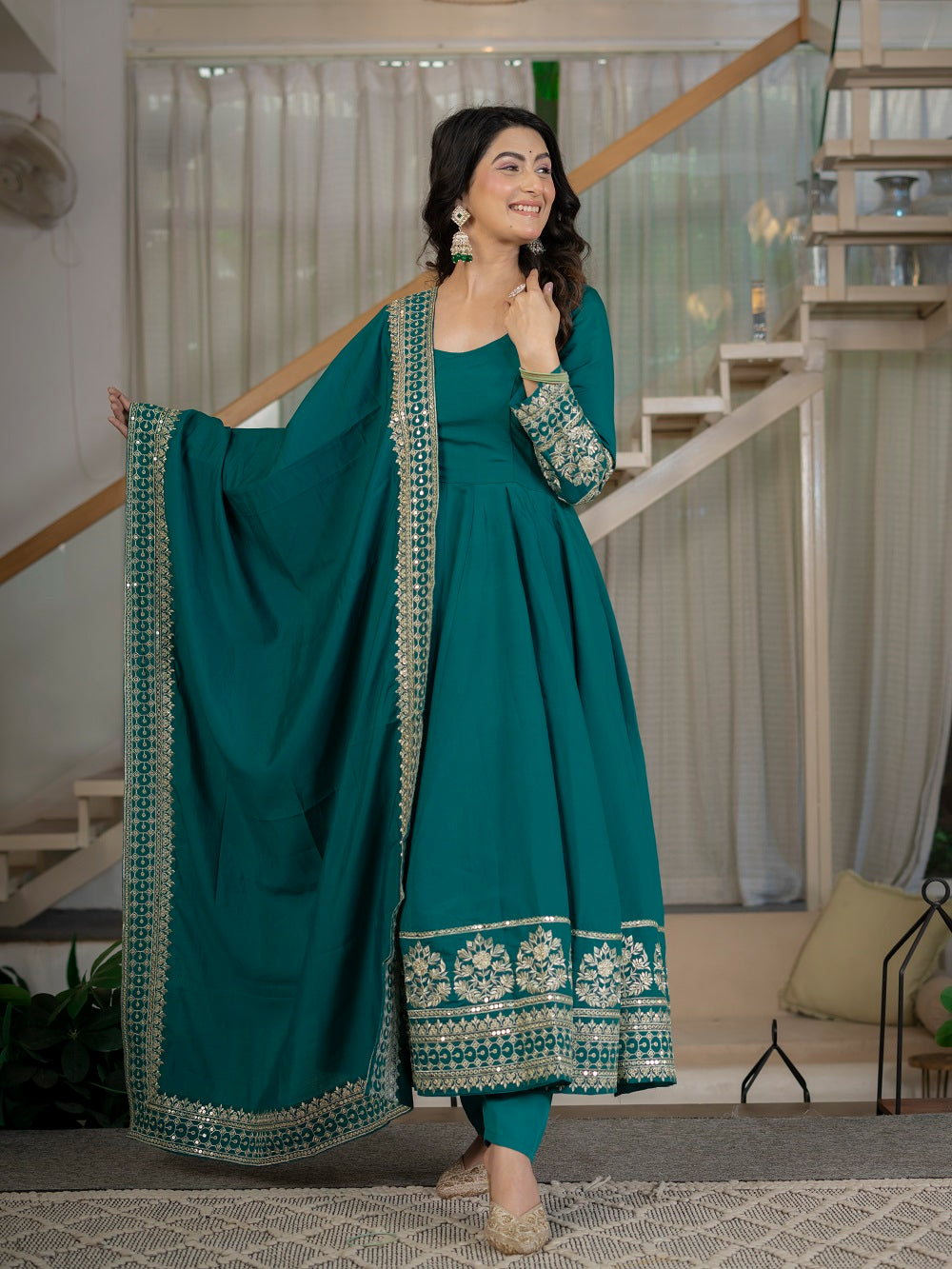 Teal Green Embroidered Flair Anarkali Suit Set for Engagement