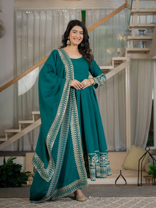 Teal Green Embroidered Flair Anarkali Suit Set for Engagement