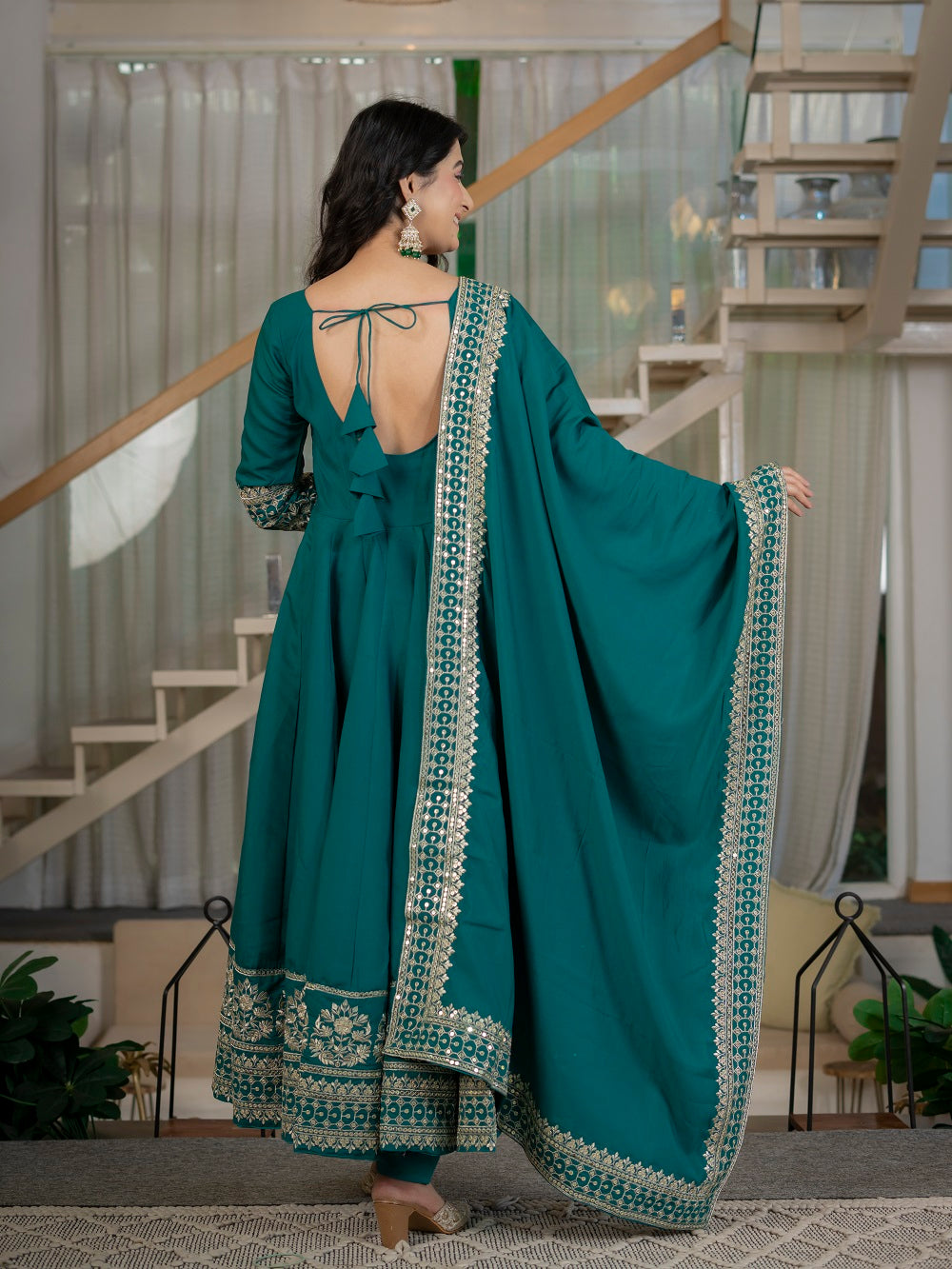 Teal Green Embroidered Flair Anarkali Suit Set for Engagement