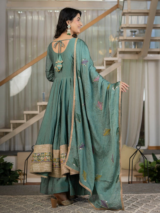 Teal Green Embroidered Flared Anarkali Suit Set for Festive Wear