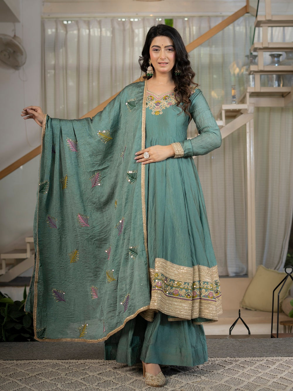 Teal Green Embroidered Flared Anarkali Suit Set for Festive Wear