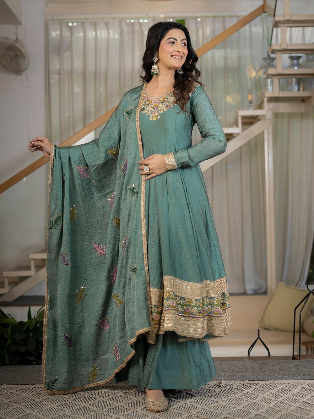 Teal Green Embroidered Flared Anarkali Suit Set for Festive Wear