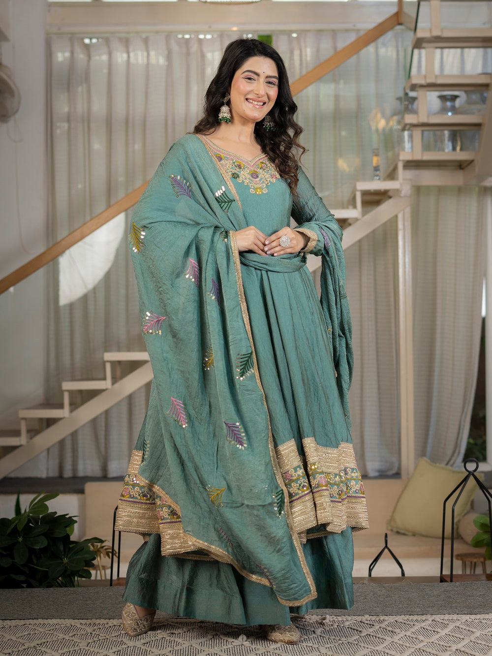 Teal Green Embroidered Flared Anarkali Suit Set for Festive Wear