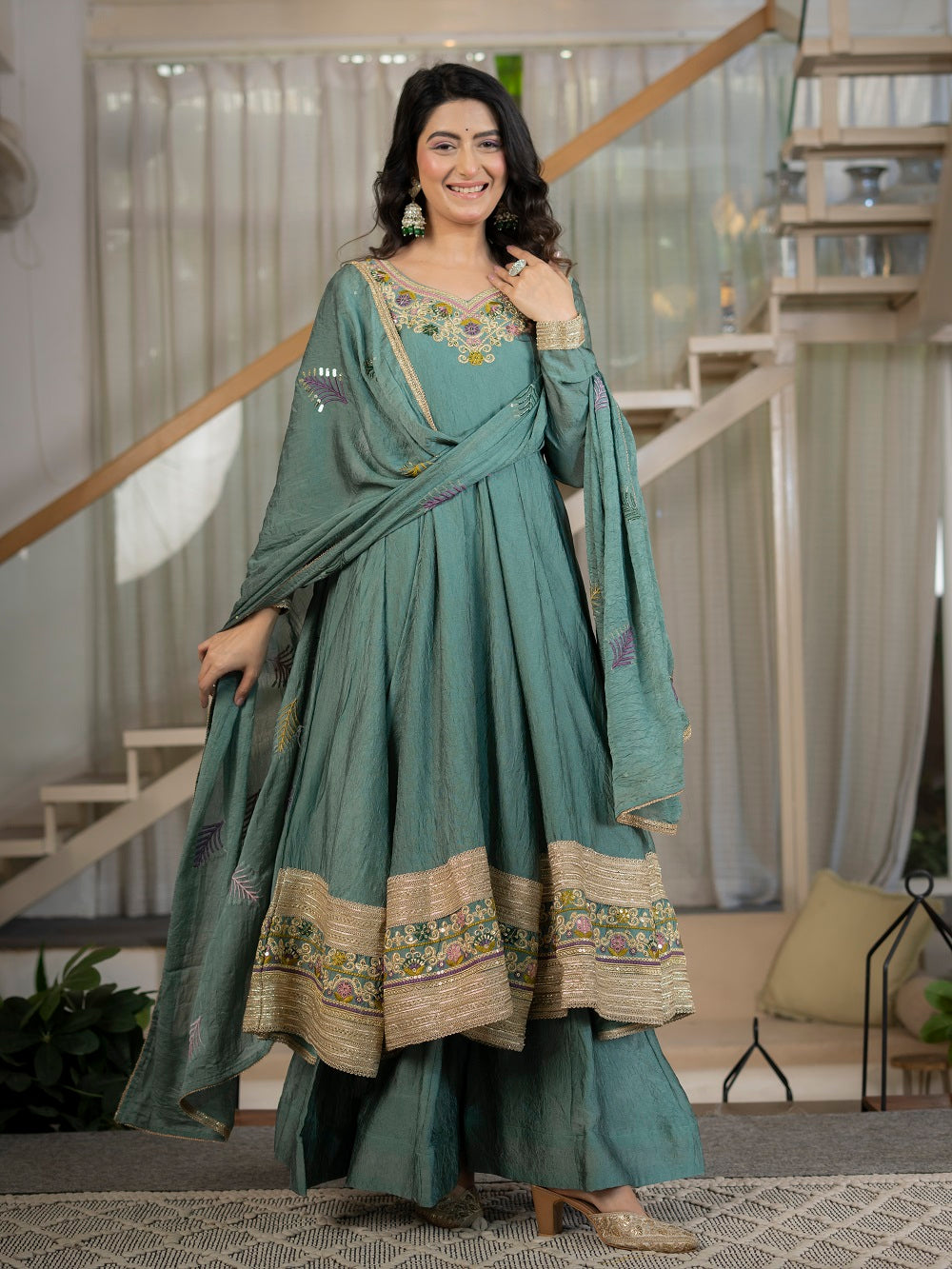 Teal Green Embroidered Flared Anarkali Suit Set for Festive Wear