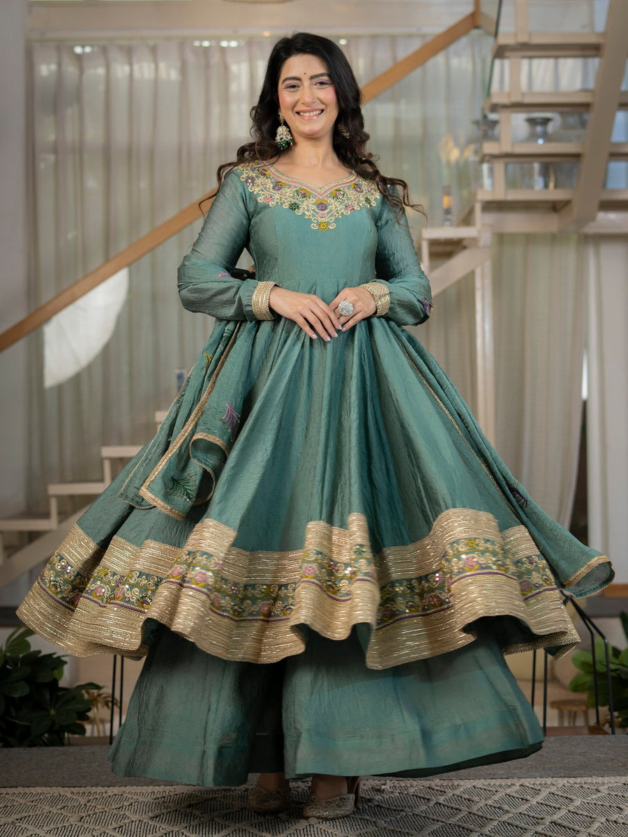 Teal Green Embroidered Flared Anarkali Suit Set for Festive Wear