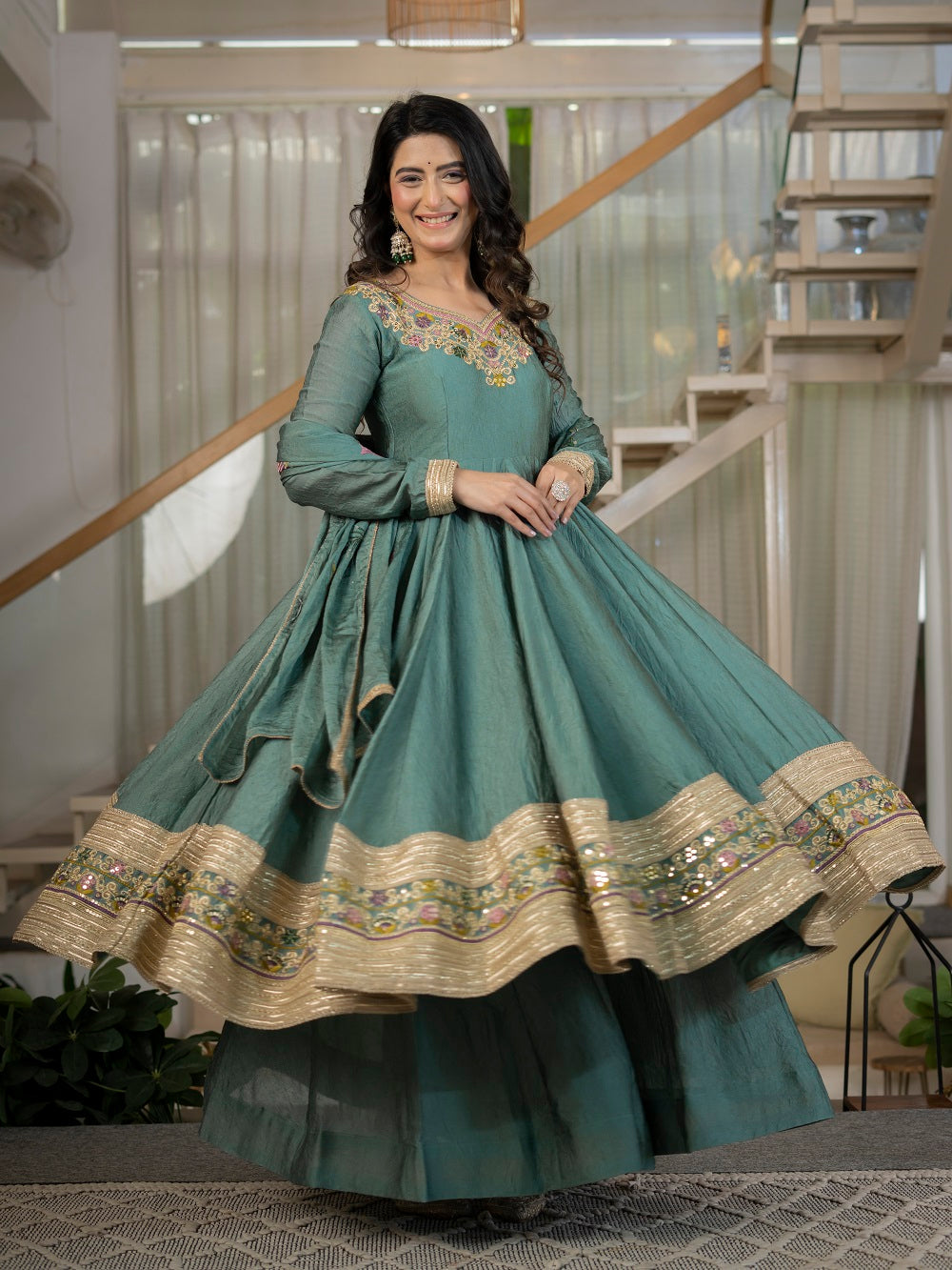 Teal Green Embroidered Flared Anarkali Suit Set for Festive Wear